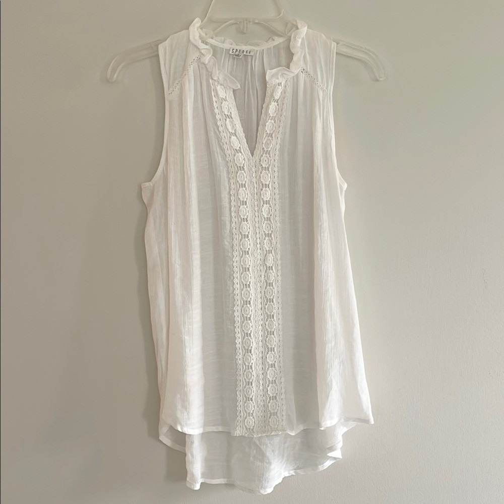 Spense White Textured‎ Ruffle Lace Trim V Neck Sleeveless Tunic Top Women Size M
